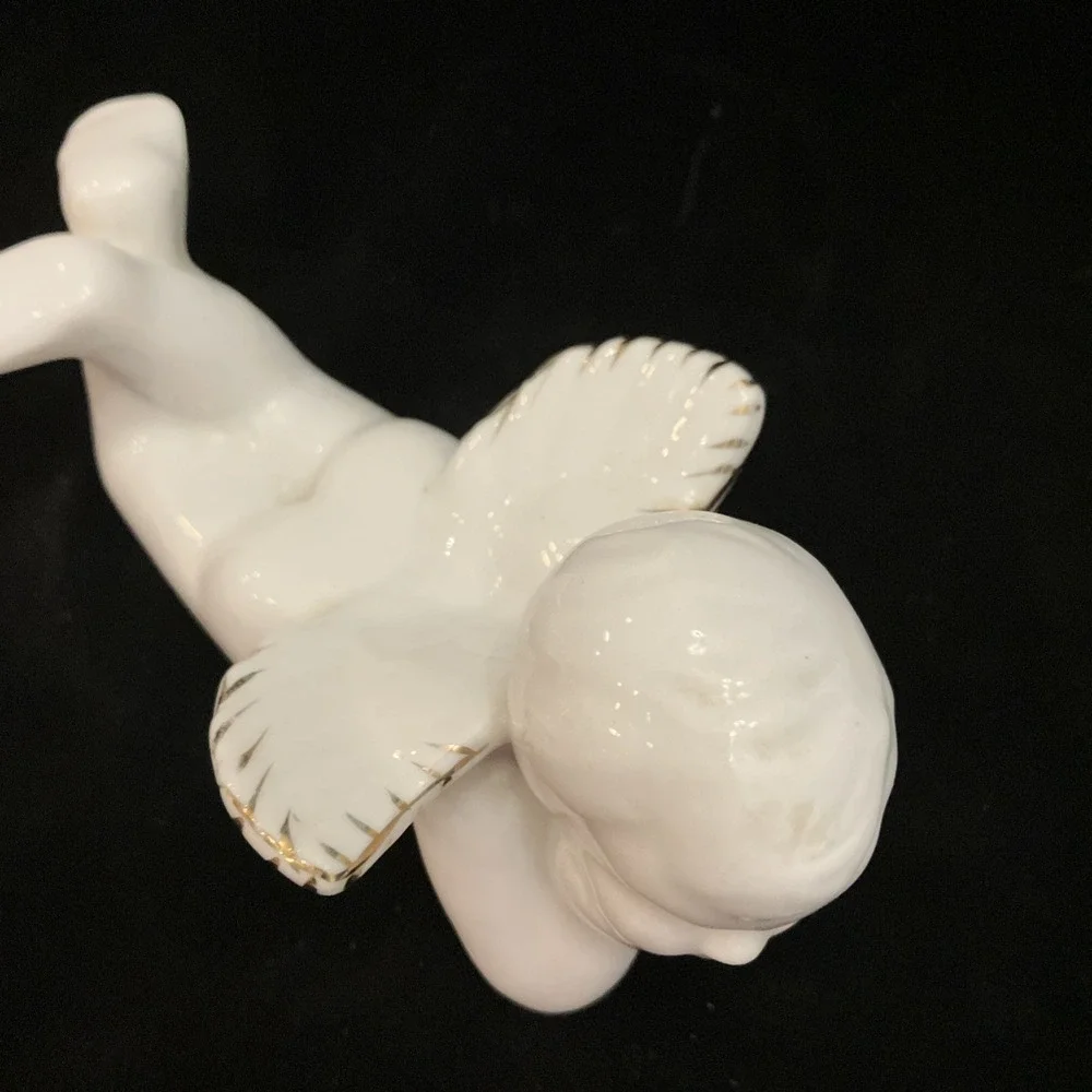 Vintage Milk White Ceramic Cherub Angel Figurine Gold Gilt Wings Precious Pose